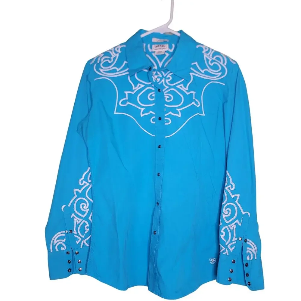 Ariat Womens Fitted Shirt Medium Turquoise Snap Button Long Sleeve Embroidered